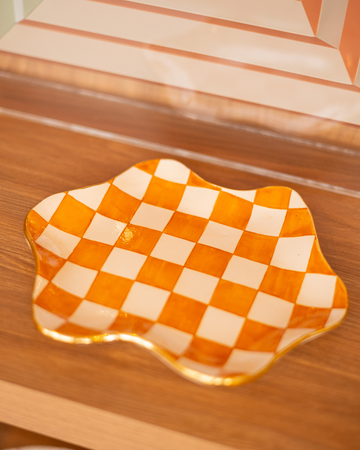 Prato Abstrato Xadrez com Ouro - Laranja